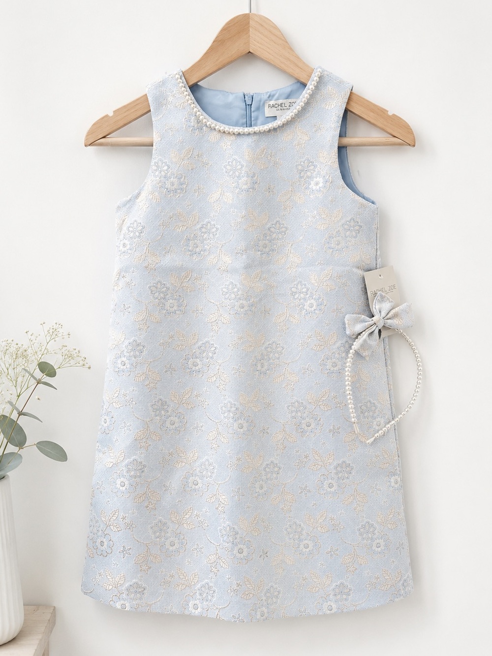 Rachel Zoe Pale Blue Gold Brocade Girls Dress with Pearl Trim Bow Headband NWT